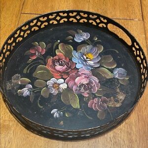 Vintage Hand Painted Floral Metal Tray